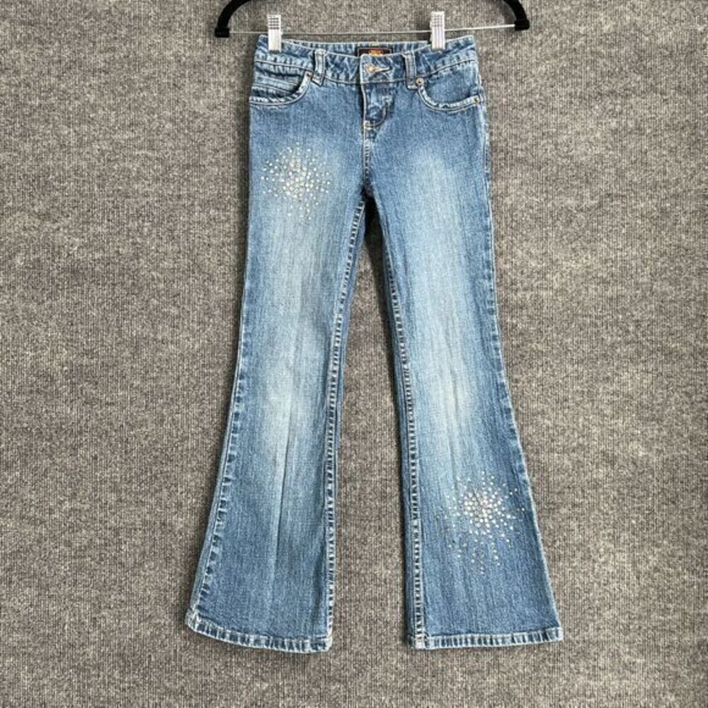 Vintage Route 66 Girls Flare Bootcut Jeans Size 8 Rhinestone 90s Stretch Denim